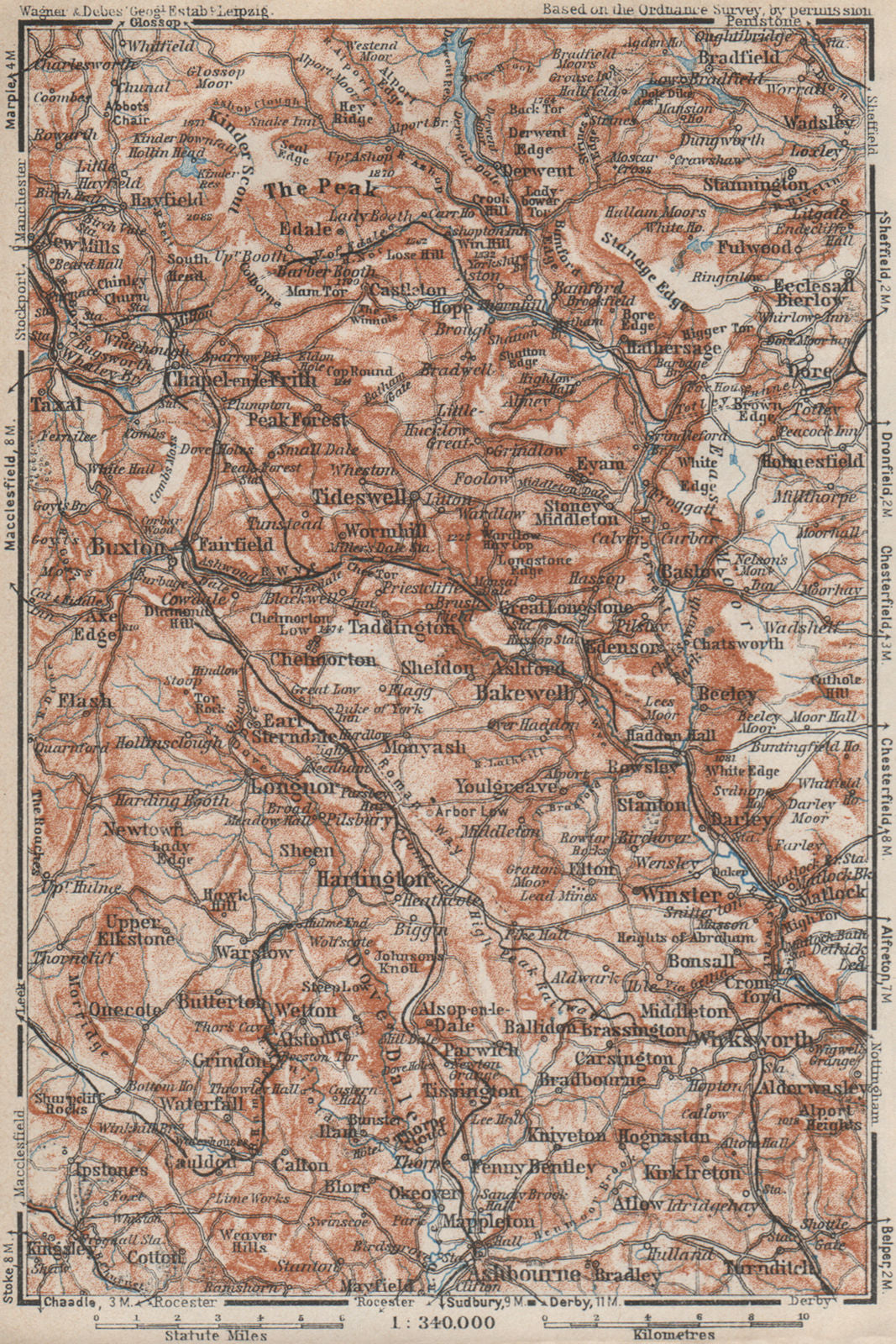 DERBYSHIRE PEAK DISTRICT. Buxton Asbourne Bradfield Eyam Hathersage 1927 map